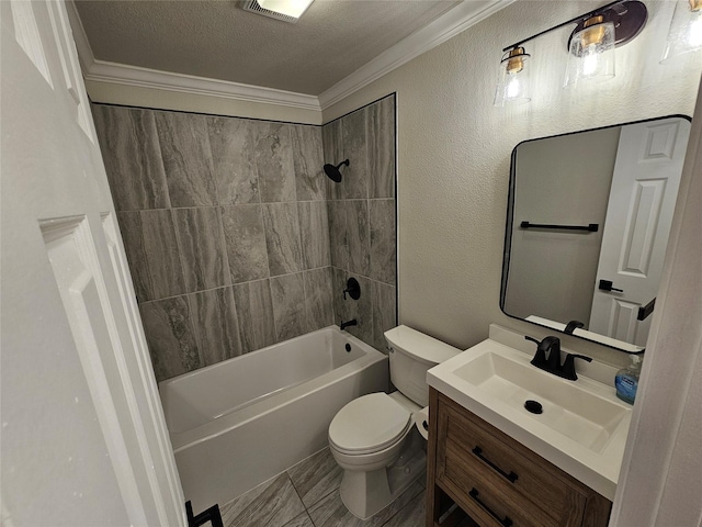 full bathroom with toilet, tiled shower / bath, a textured ceiling, vanity, and ornamental molding