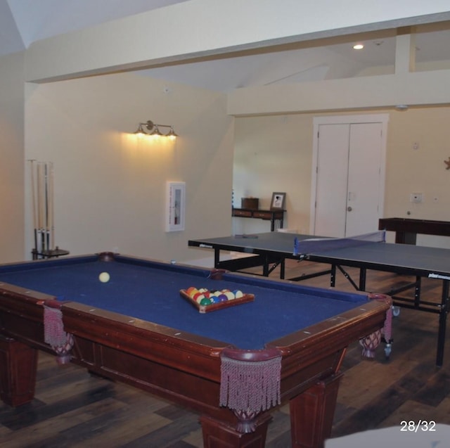 playroom featuring billiards and dark hardwood / wood-style floors