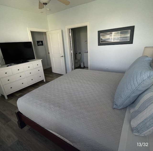 bedroom with ensuite bath, dark hardwood / wood-style floors, and ceiling fan