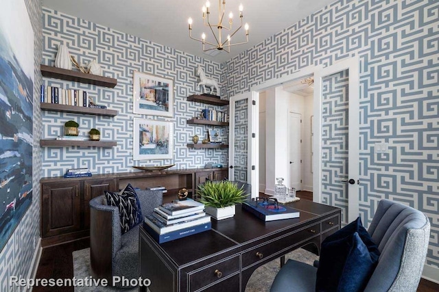 home office featuring an inviting chandelier