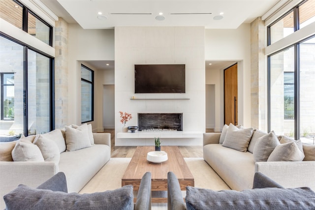 living room featuring a high ceiling, a fireplace, and light hardwood / wood-style floors