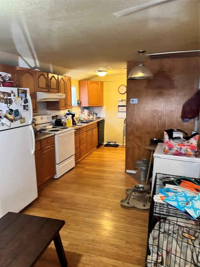 kitchen with white appliances and light hardwood / wood-style flooring