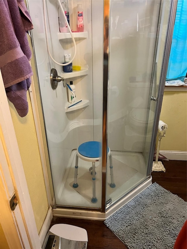 bathroom with walk in shower and wood-type flooring