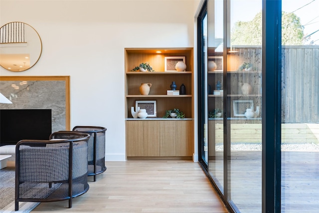 home office featuring light wood finished floors and built in features