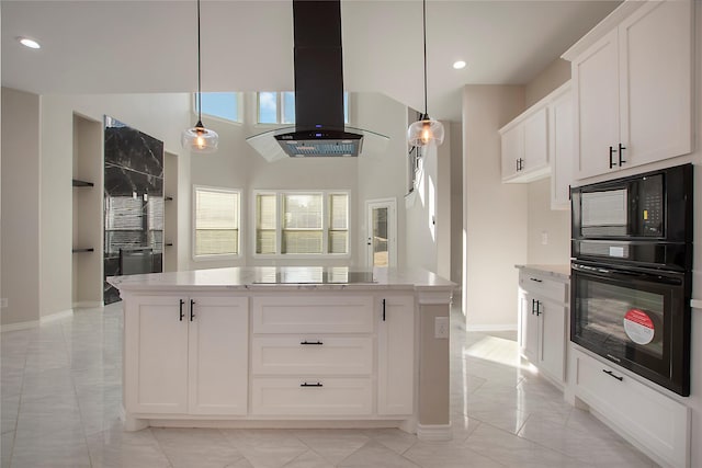 kitchen featuring a kitchen island, pendant lighting, island range hood, white cabinetry, and black appliances