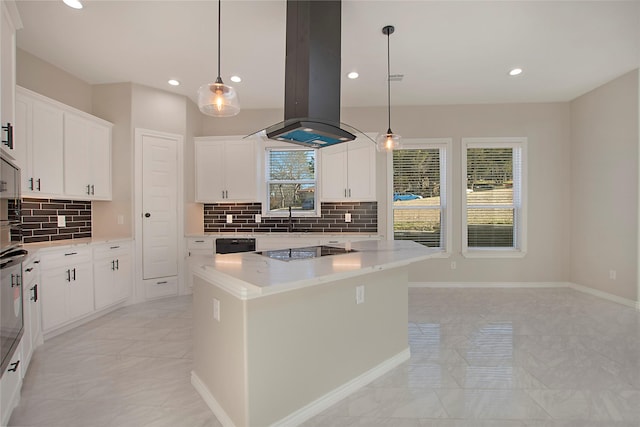 kitchen featuring pendant lighting, white cabinetry, a center island, island exhaust hood, and black electric cooktop