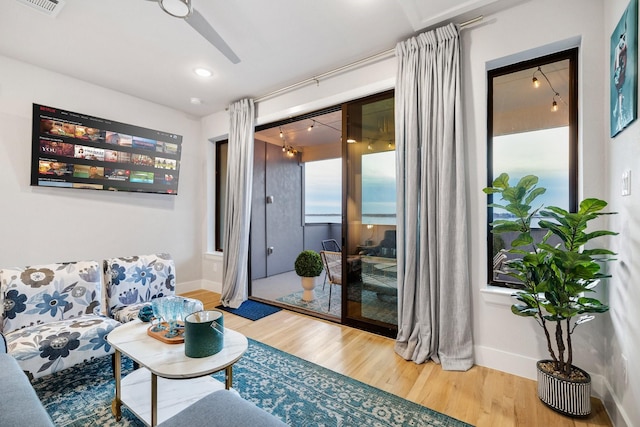 living room with hardwood / wood-style flooring and ceiling fan