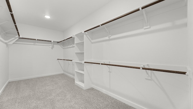 walk in closet with light carpet