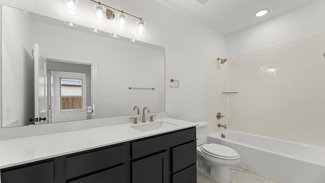 bathroom with toilet, shower / tub combination, marble finish floor, vanity, and recessed lighting