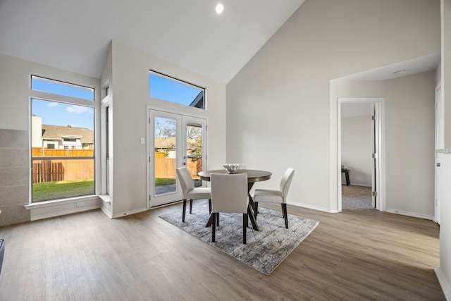 dining room with hardwood / wood-style flooring and high vaulted ceiling