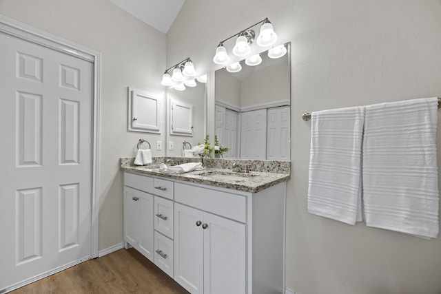 bathroom with hardwood / wood-style flooring and vanity