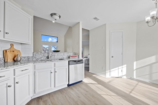 kitchen with light stone countertops, sink, stainless steel dishwasher, and white cabinets