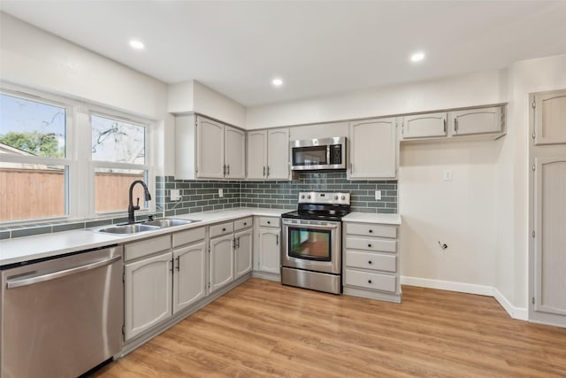 kitchen featuring gray cabinets, appliances with stainless steel finishes, sink, backsplash, and light hardwood / wood-style floors