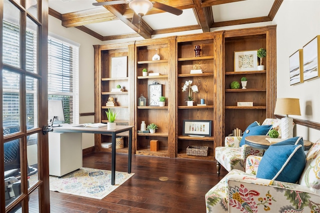 interior space with beamed ceiling, coffered ceiling, dark wood-type flooring, and crown molding