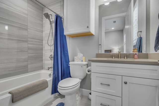 full bathroom with vanity, tile patterned flooring, shower / bath combination with curtain, and toilet