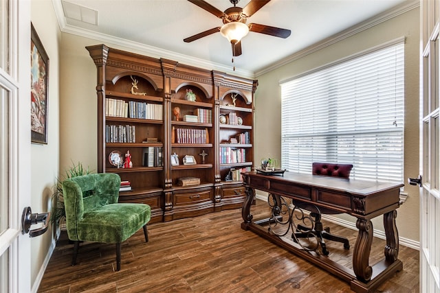 office space with dark hardwood / wood-style flooring, ornamental molding, and ceiling fan