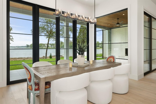 dining room featuring light hardwood / wood-style floors and a water view