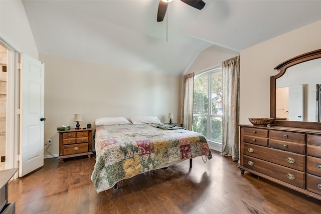 bedroom featuring vaulted ceiling, ceiling fan, and dark hardwood / wood-style flooring