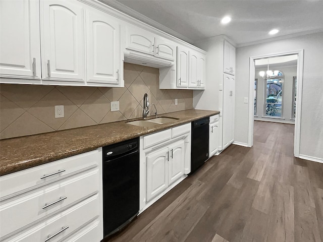 kitchen with sink, white cabinetry, dark hardwood / wood-style flooring, black dishwasher, and dark stone counters