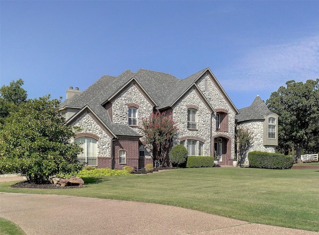 french provincial home with a front lawn