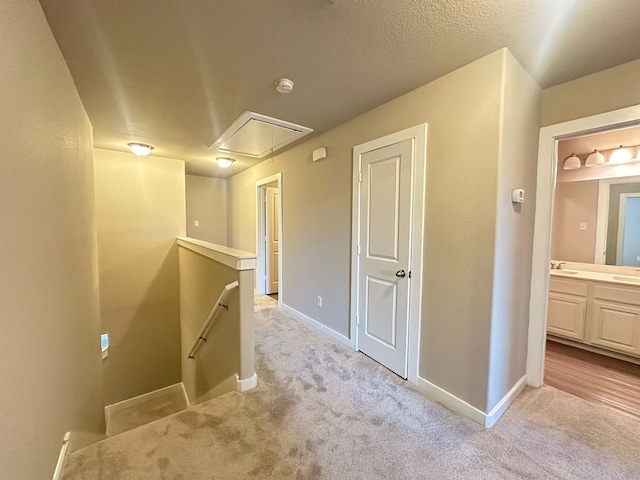 corridor with light colored carpet and sink