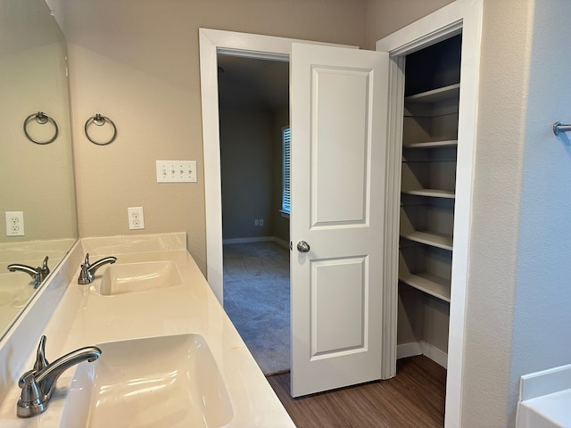 bathroom with vanity and hardwood / wood-style floors