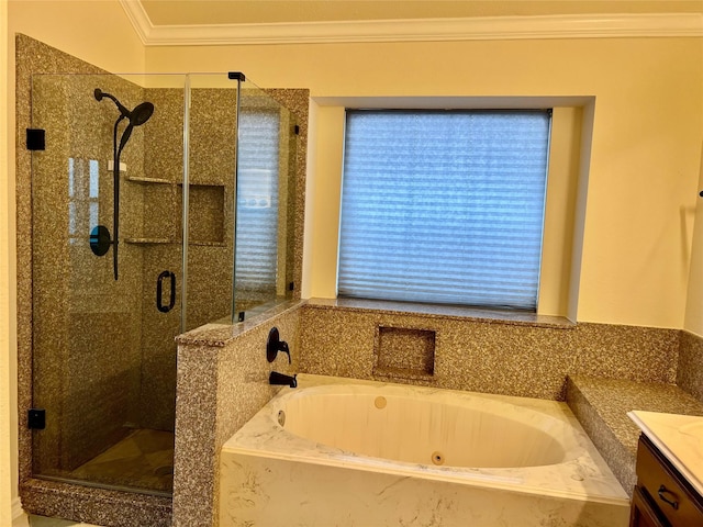 bathroom with a bath, a stall shower, vanity, and crown molding