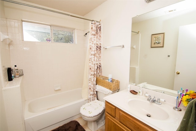 full bathroom featuring vanity, shower / bath combination with curtain, and toilet