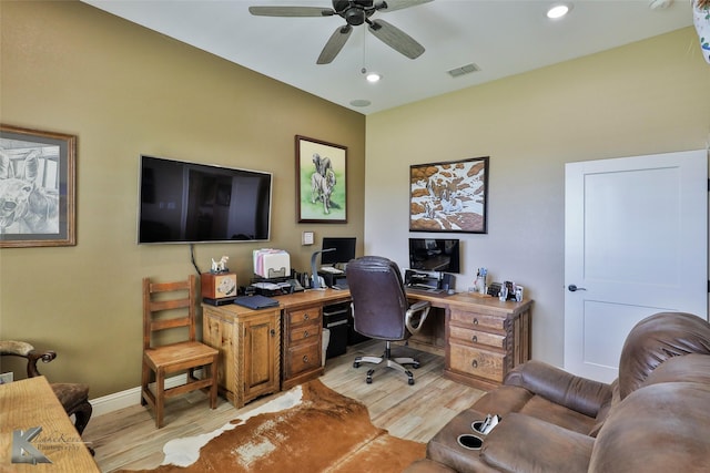 office area with ceiling fan and light hardwood / wood-style flooring