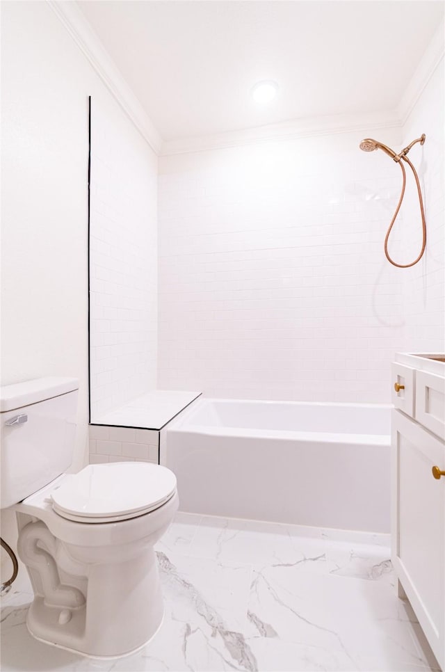 full bathroom with vanity, tiled shower / bath combo, ornamental molding, and toilet