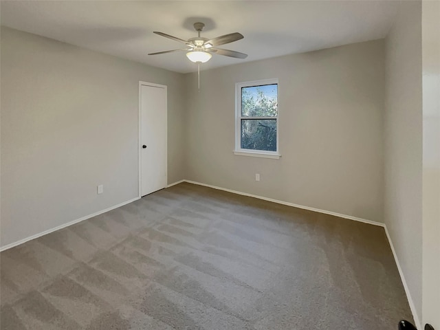 empty room featuring ceiling fan and carpet flooring