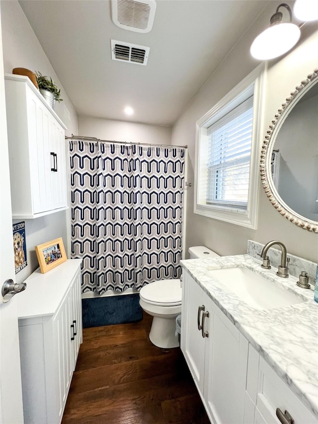 bathroom featuring hardwood / wood-style flooring, vanity, and toilet