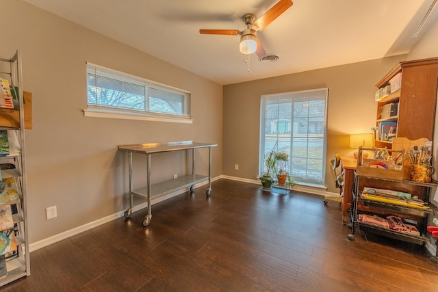 misc room featuring dark hardwood / wood-style floors and ceiling fan