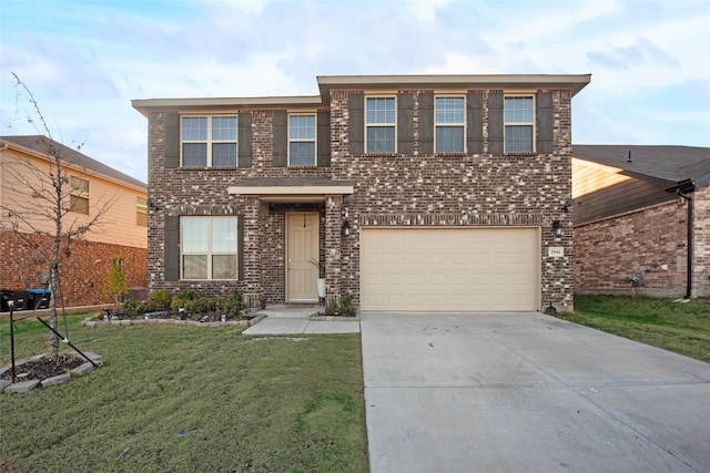 view of front of property featuring a garage and a front lawn