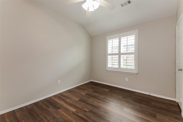 unfurnished room with lofted ceiling, dark wood-type flooring, and ceiling fan