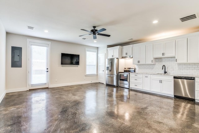 kitchen featuring sink, electric panel, stainless steel appliances, decorative backsplash, and white cabinets