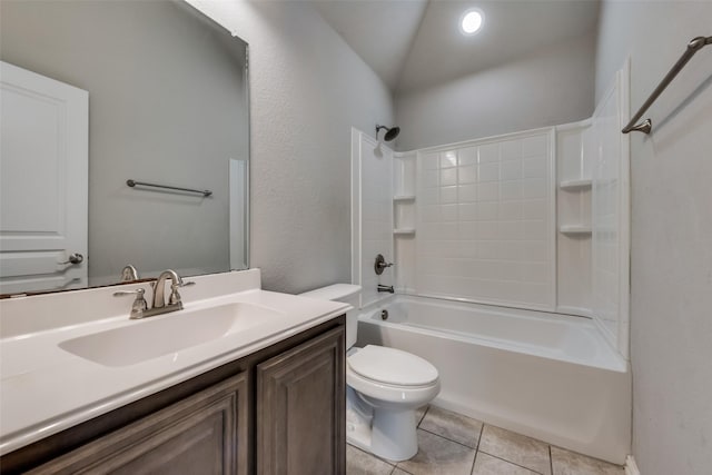 full bathroom with shower / bath combination, vanity, tile patterned floors, and toilet