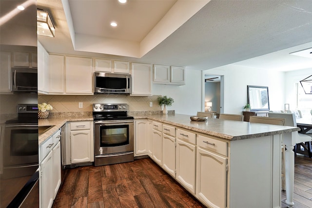 kitchen featuring stainless steel appliances, dark hardwood / wood-style floors, kitchen peninsula, and a tray ceiling