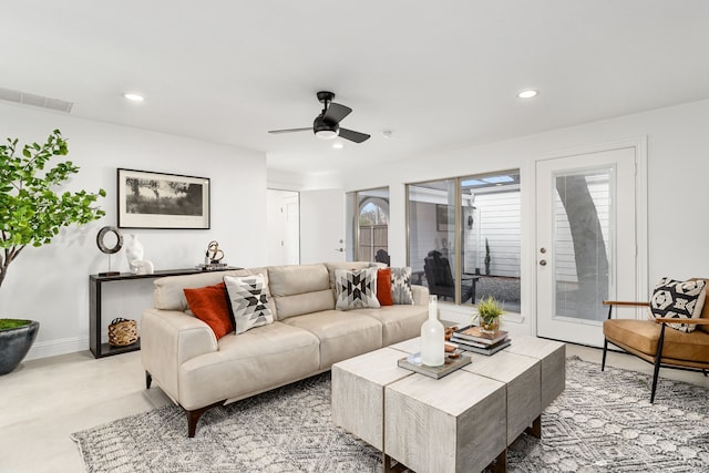 living room with ceiling fan