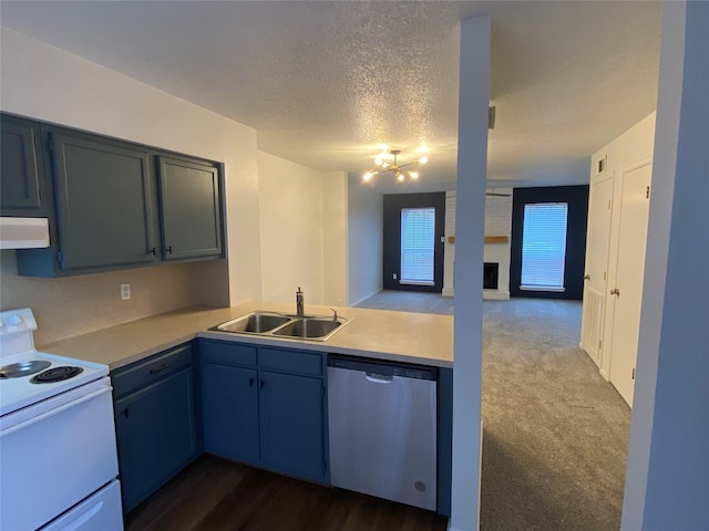 kitchen with extractor fan, white electric range, sink, stainless steel dishwasher, and a textured ceiling