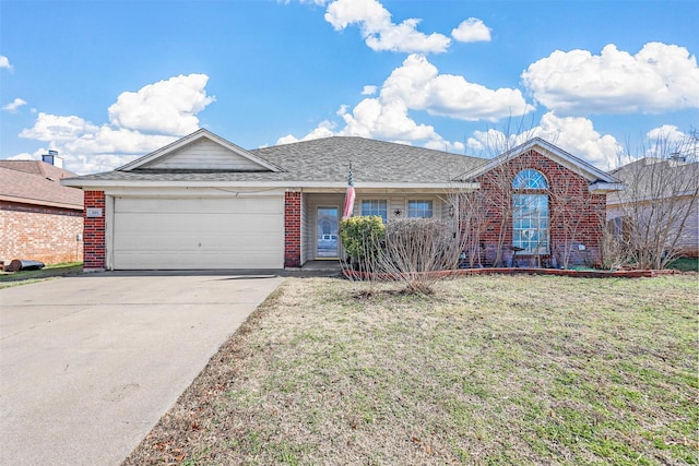 single story home featuring a garage and a front yard