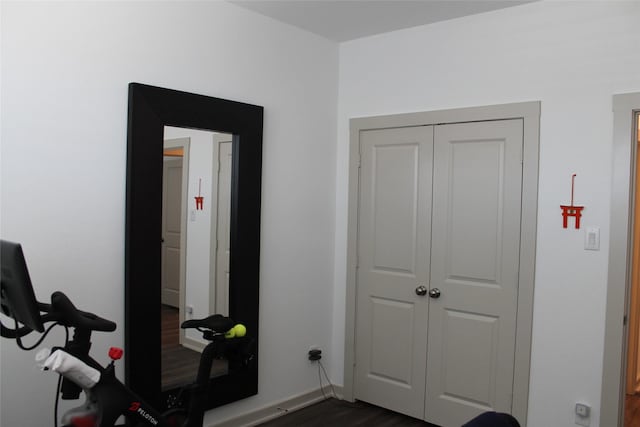 workout room featuring dark hardwood / wood-style flooring