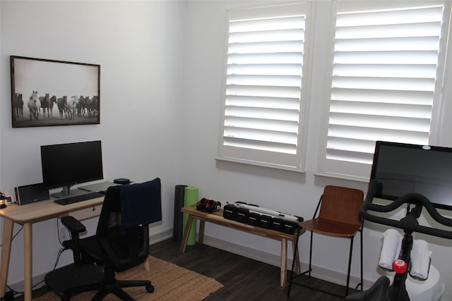 home office with dark hardwood / wood-style flooring