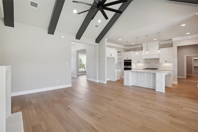 unfurnished living room featuring beamed ceiling, high vaulted ceiling, ceiling fan, and light hardwood / wood-style floors