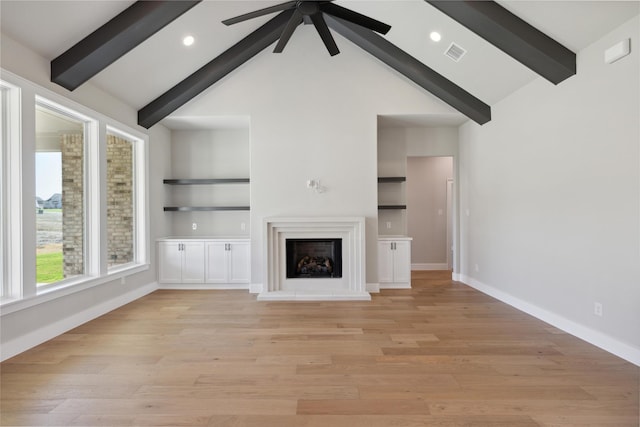 unfurnished living room with lofted ceiling with beams, ceiling fan, and light hardwood / wood-style flooring