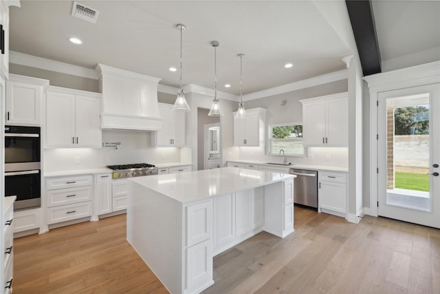 kitchen featuring white cabinetry, sink, custom exhaust hood, a center island, and stainless steel appliances