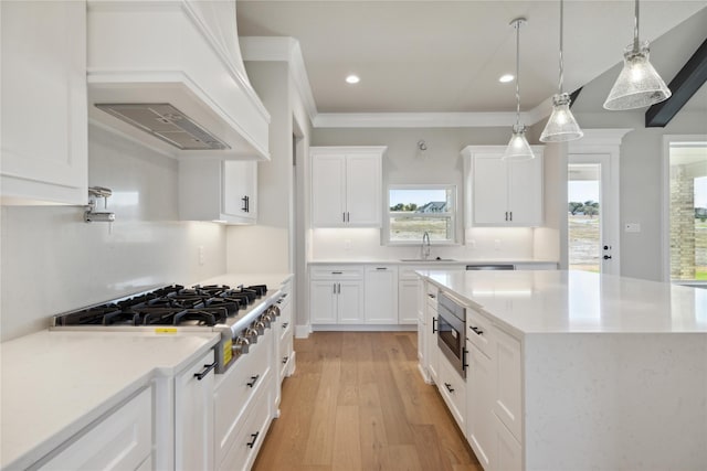 kitchen featuring pendant lighting, white cabinets, custom exhaust hood, stainless steel appliances, and light wood-type flooring