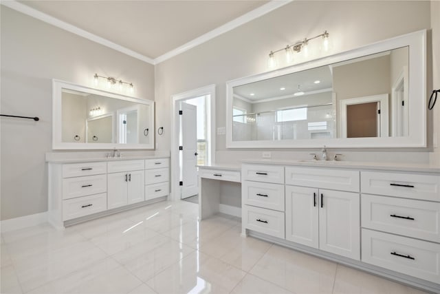 bathroom featuring vanity, crown molding, and walk in shower