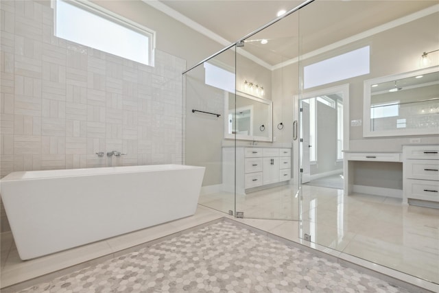 bathroom with crown molding, vanity, plus walk in shower, and tile walls