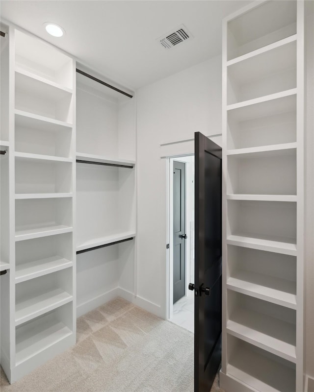 spacious closet featuring light colored carpet